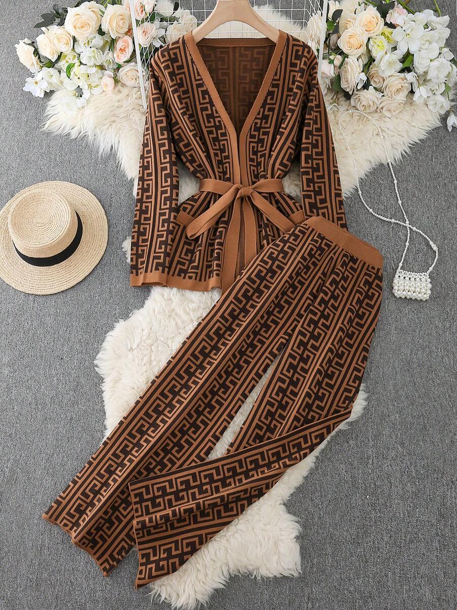 Modelyn Plus Size Printed Long Sleeve Top And Pants Sweater Set - Brown - View 1