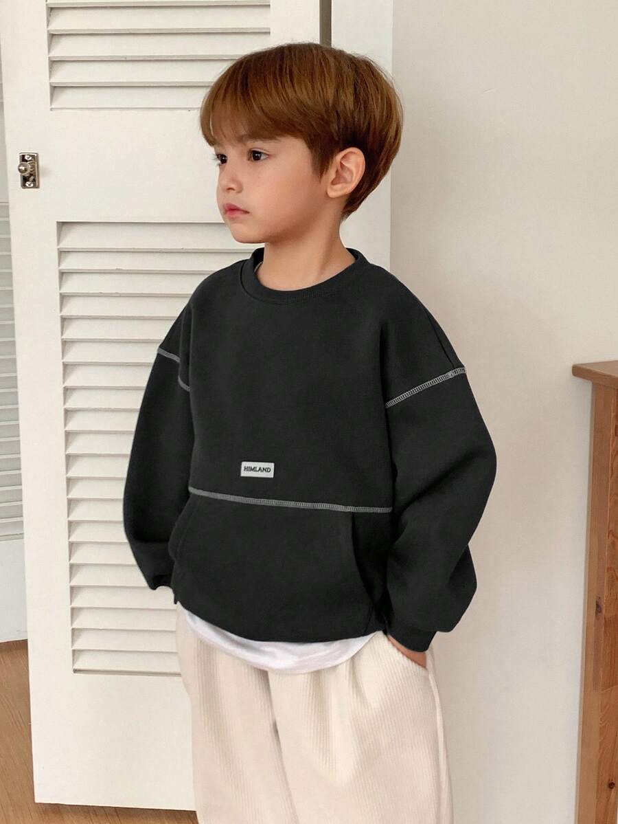 DAZY Toddler Boys' Loose Casual Ribbed Trim Crew Neck Sweatshirt - Black - View 1