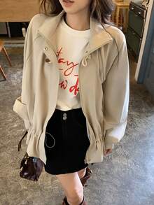 DAZY 女士纯色宽松高领长袖抽绳荷叶边下摆休闲夹克，适合秋冬季 - 卡其色 - 查看 4