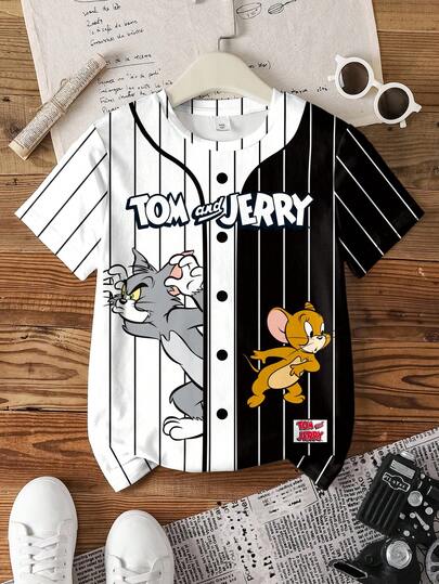 TOM & JERRY X SHEIN Camiseta de manga corta con bloques de color a rayas y estampado de dibujos animados para niño preadolescente