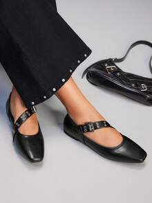 CUCCOO GRLICON 女士法式方头平底鞋，新款黑色玛丽珍鞋，带绑带，Y2K风格，适合万圣节、圣诞节、派对等场合 - 黑色 - 查看 1