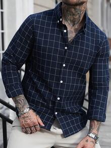 Manfinity Homme Men's Blue Plaid Business Long Sleeve Shirt Men Shirts Dress Navy Shirt Men Manfinity Men Shirts Men S Clothing Online Business Casual Tops Men Plaid Button Up Men