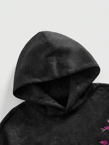 ROMWE MEN Street Life 男士休闲花卉刺绣连帽运动衫，秋冬 - 黑色 - 查看 3