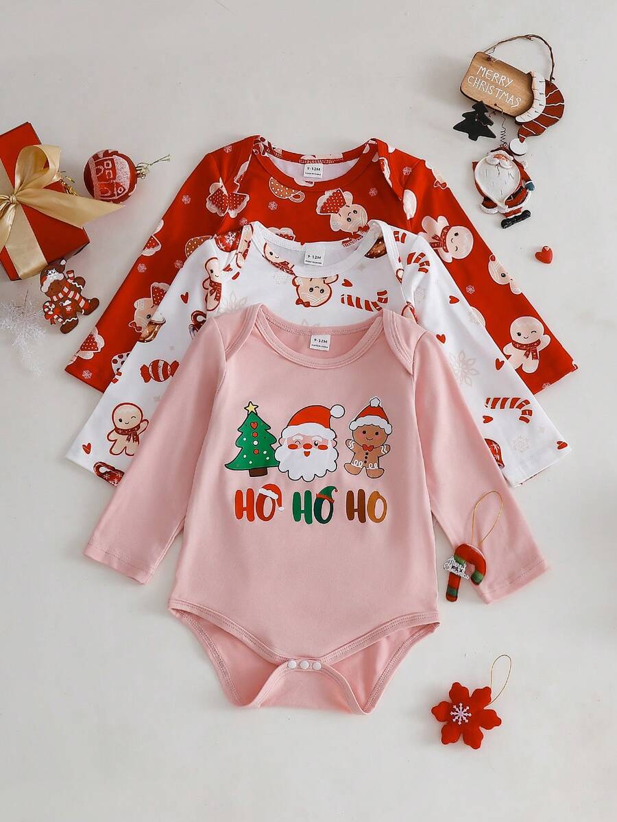 SHEIN 3pcs/Set Baby Girls' Basic Envelope Collar Cute Christmas Pattern Full Print Front Graphic Long Sleeve Bodysuits, Autumn/Winter - Multicolor - View 1