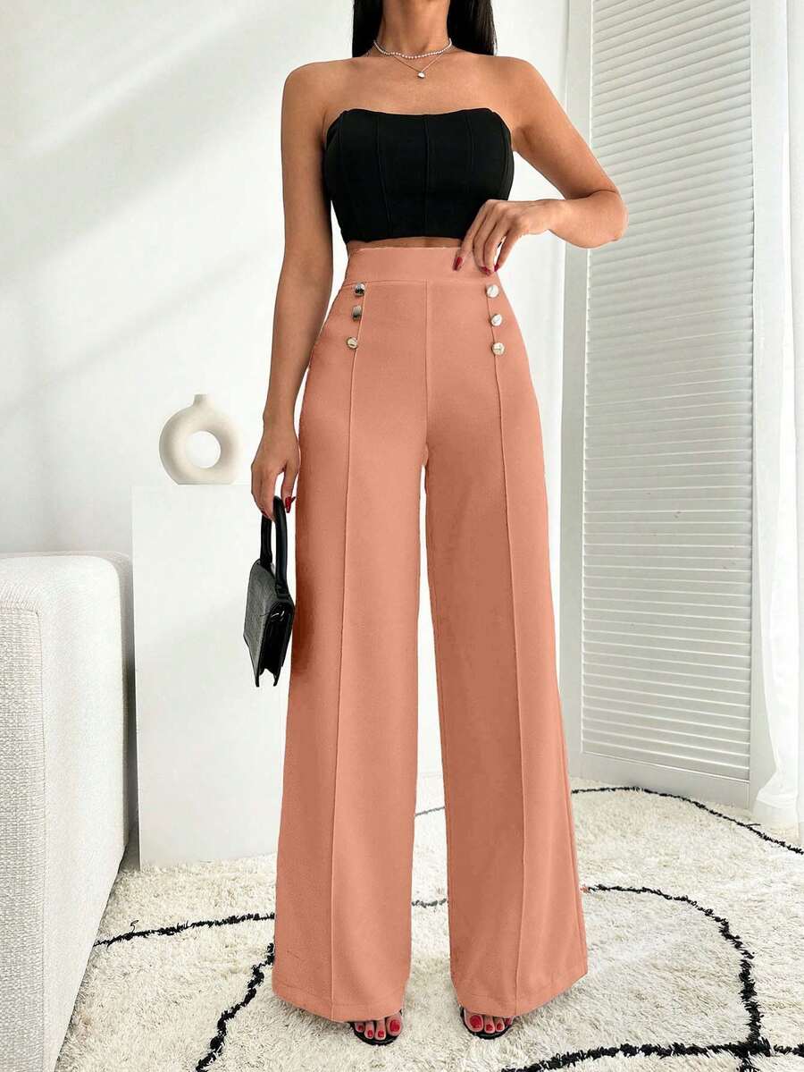 EURMUSE White Wide Leg Pallazzo Pant With Button Detail - Coral Pink - View 1