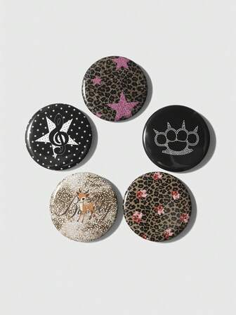 5pcs Y2K Retro Edgy Chic Fashion High-Quality Dark Goth Style Badges: Brown/Black&White/Purple Leopard Print, Deer Print, Cartoon Deer, Star, Cherry, Polka Dot, Music Note, Bear Paw, Cat Paw, Silver Brooch Pins Combo Set, Suitable For Sisters, Best Friends, Women, Daily Wear, Holiday Gifts