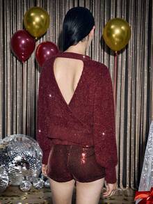 SHEIN LUNE 短款闪亮仿毛套头衫，秋冬酒红色针织衫 - 酒紅色 - 查看 2