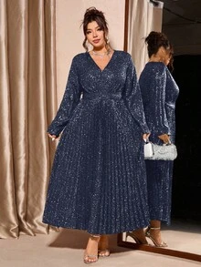 Cravure Luxury Glitter V-Neck Plus Size Evening Dress, Autumn/Winter