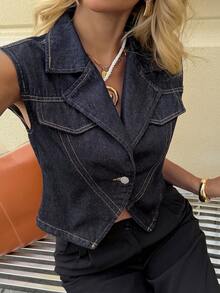 DAZY Women's Square Neck Fitted Sleeveless Casual Denim Blouse, Summer Y2k - Dark Wash - View 7