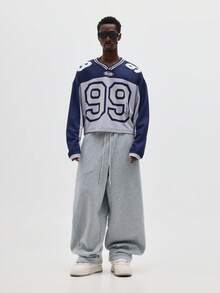 SUMWON Sudadera deportiva de manga larga con cuello en V y gran número impreso para uso casual diario, jersey oversize, jersey holgado, moda de los 90 para hombres - azul real - Ver 7