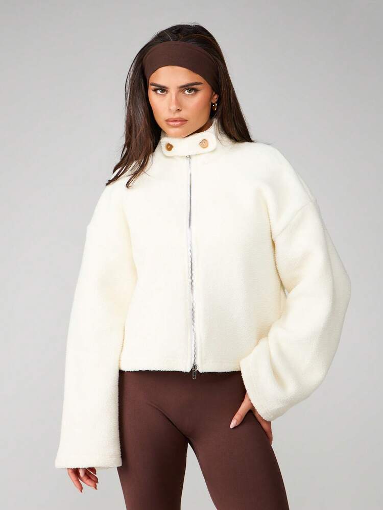 MISSGUIDED Cropped Sherpa Zip Up Jacket With Stand Collar And Button Details For Fall Winter