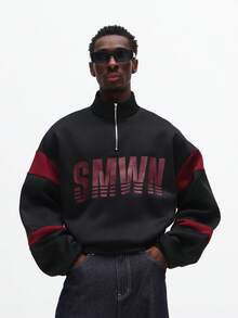 SUMWON Sweat-shirt-shirt court zippé à col montant avec design color block et impression de logo pour l'hiver