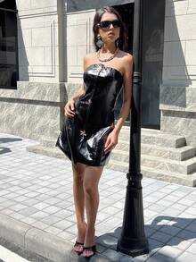 Zielony Rochie mini din piele cu imprimeu metalic pentru femei, la modă, cu partea superioară tip tub, potrivită pentru naveta