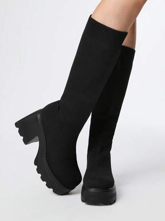 Women's Gothic Round Toe Thick Sole Chunky Heel Breathable Mesh Elastic Boots, Outdoor Fashion Slip-On Over-The-Knee Boots, Spring/Autumn New Arrival