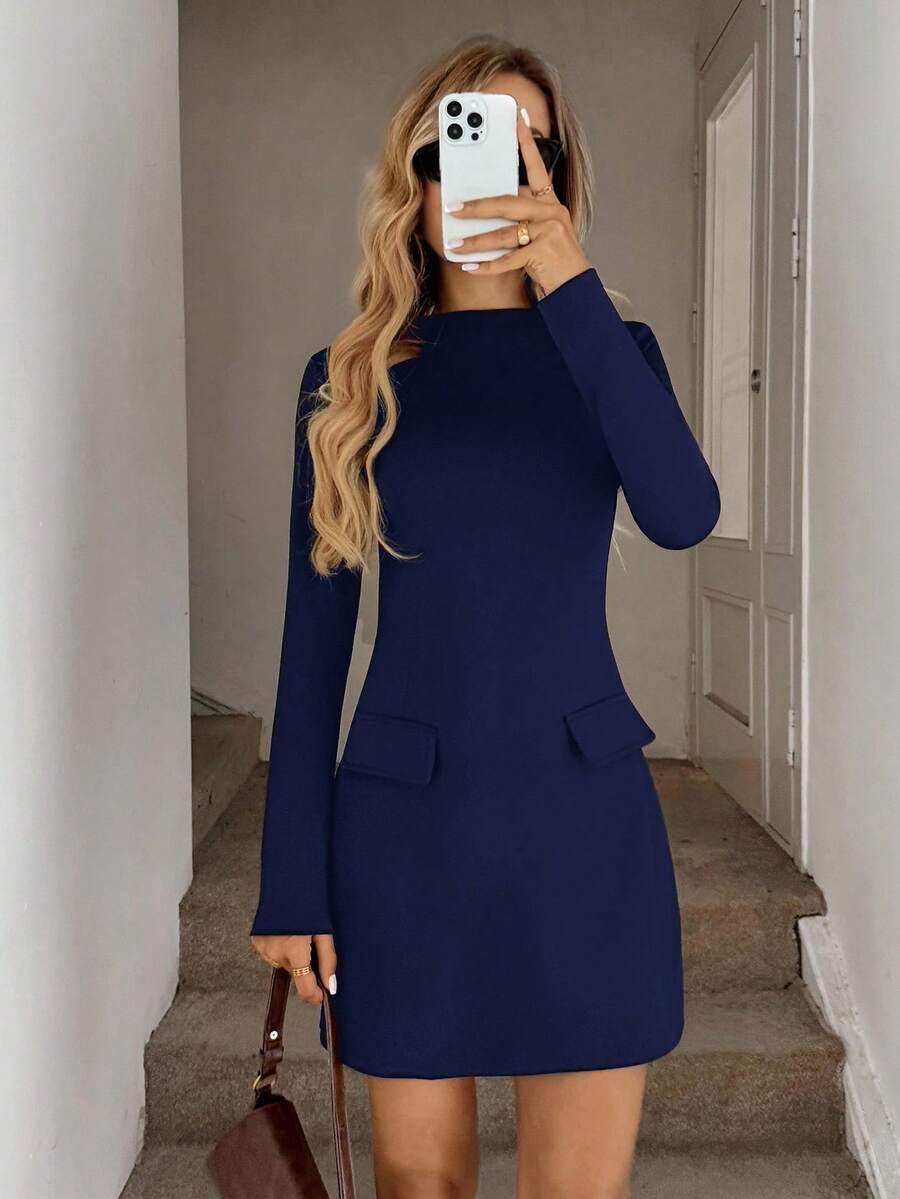 Easowa Hochkragiges, tailleneingeschnürtes, figurbetontes A-Linien-Minikleid mit langen Ärmeln, lässig und locker, im Vintage-Stil für Damen, Herbst/Winter - marineblau - Übersicht 1