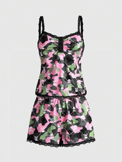 ROMWE Goth 哥特式迷彩骷髅蕾丝纽扣吊带短裤休闲睡衣套装