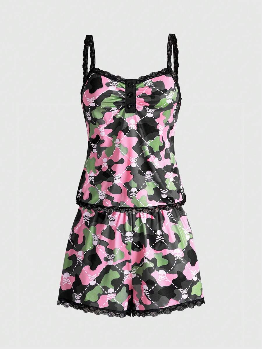 ROMWE Gothic Camouflage Skeleton Lace Button Suspender Shorts Casual Pajama Set - Multicolor - View 1