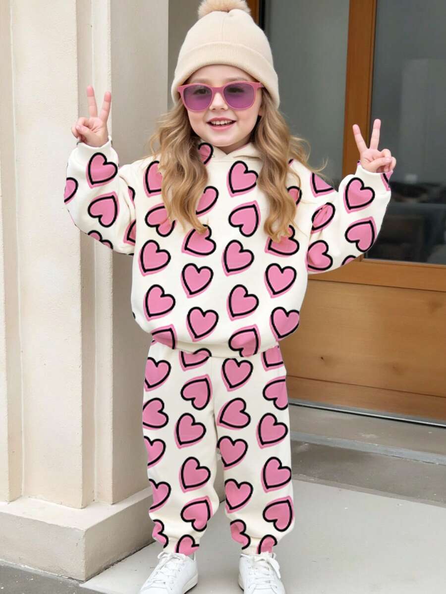 两件套女童休闲时尚创意黑边粉色爱心图案印花连帽卫衣和运动裤，舒适秋冬套装 - 彩色 - 查看 1
