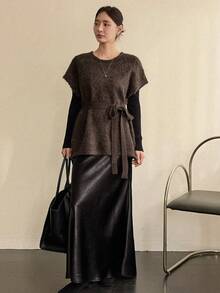 Dazy-Less 女士宽松商务休闲优雅圆领无袖棕色针织毛衣上衣，适合秋冬季 - 咖啡棕 - 查看 2