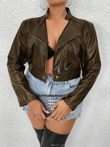 SHEIN ICON Áo khoác biker dáng ngắn bằng da PU thời trang thường ngày dành cho nữ cỡ lớn, mùa thu - xanh quân đội - Xem 6
