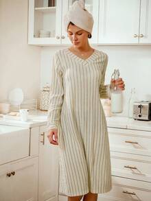 SHEIN 女士条纹针织休闲家居连衣裙，冬季 - 杏色 - 查看 6