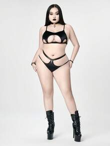 ROMWE Plus Size Gothic Velvet Cross Lingerie Set, Sexy - Black - View 6