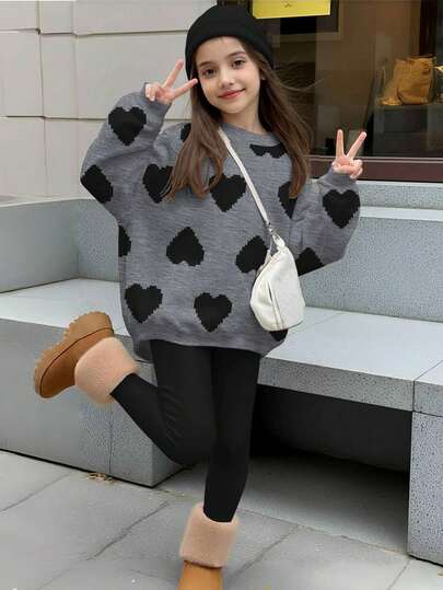 2pcs Tween Girls Casual Crew Neck Pixel Heart Print Long Sleeve Sweatshirt And Leggings Set, Suitable For Autumn/Winter