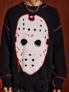 ROMWE MEN Friday the 13th X ROMWE Men's Mask Pattern Crew Neck Long Sleeve Pullover Sweater, Winter - Black - View 9