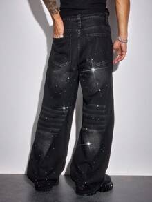 ROMWE MEN Street Life Men's Rhinestone Distressed Casual Loose Fit Washed Denim Jeans - Black - View 3