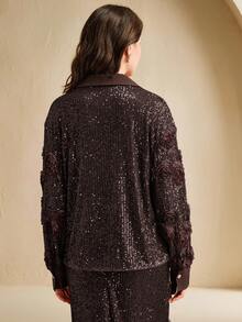 Anewsta Áo sơ mi tay dài cổ tròn đính sequin trơn màu dành cho nữ - màu nâu - Xem 2