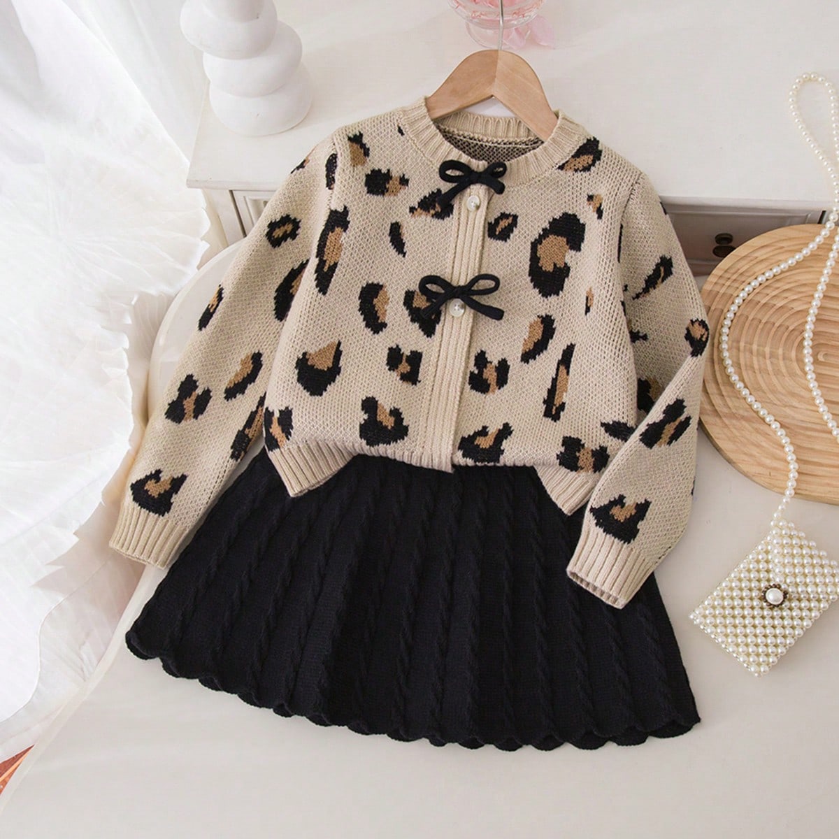 Conjunto de cardigan de punto con lazo y estampado de leopardo y minifalda de punto para niña, otoño/invierno