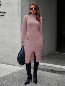 EMERY ROSE Waist-Cinched Long Slit Elegant Women Sweater Dress Fall Winter Cloth For Women - Mauve Purple - View 5