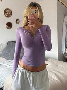 DAZY Women's Knit Partial Zip-Up Fitted Camisole Top With Built-In Padding, Autumn/Winter - Purple - View 1