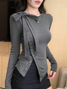 DAZY 女式圆领修身长袖休闲T恤 - 深灰色 - 查看 1