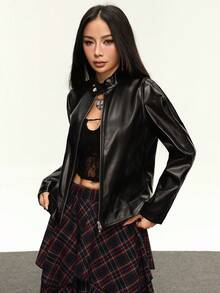 Rina Fox Veste  chic noire, veste de moto courte et décontractée pour femmes - Noir - Voir 4