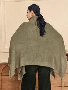 Dazy-Less Suéter de mujer de unicolor con cuello alto y mangas de murciélago, de moda para el uso diario, otoño/invierno - Caqui - Ver 2