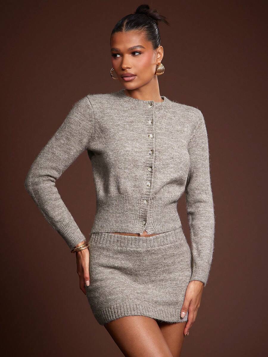 Hauture Women's Fall Winter Office Casual Sexy Low Waist Chunky Rib Knit Mini Skirt - Light Grey - View 1