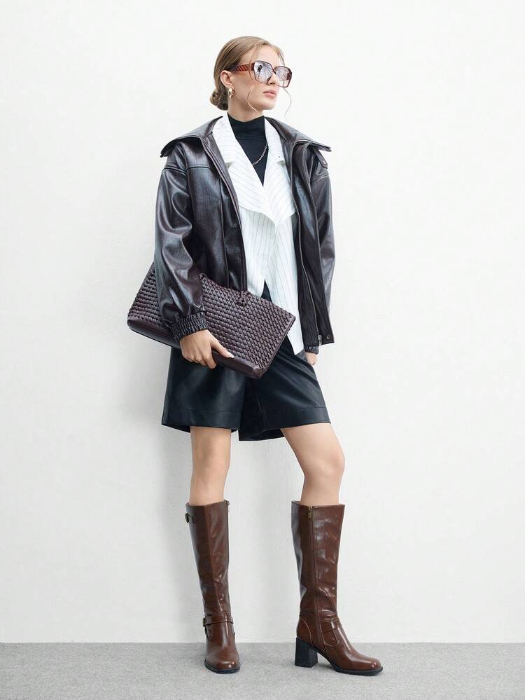 CUCCOO BIZCHIC Women's Fashion Over-The-Knee Boots, Square Toe Chunky Heel Design, Solid Chocolate Color, Side Zipper With Multi-Strap Design, Versatile With Skirts, Jeans, Coats, Suitable For Autumn/Winter, Fashion Shows, Commuting, Stylish Women's Tall Boots