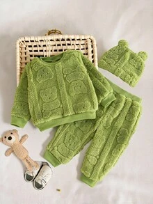 SHEIN 3 件套男婴和女婴中性款白色毛绒熊图案提花羊毛圆领运动衫、羊毛运动裤和毛绒耳帽 3 件套，秋冬季宝宝可爱舒适的服装 - 綠色 - 查看 1