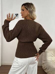 Easowa New Autumn Casual Dropped Shoulder Cinched Waist Elegant Cardigan For Women Button Up Cardigan Brown Sweater Coffee Brown Top Brown Cardigan Chocolate Brown Top,Fall,Fall Clothes For Women,Winter Clothes For Women - Coffee Brown - View 5