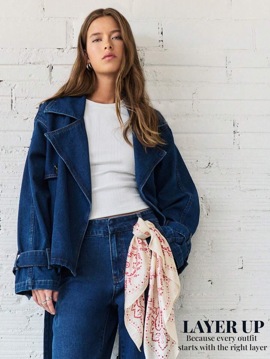 Nöista Áo khoác denim thắt lưng với ve áo rộng, eo thắt và túi tiện dụng; Hoàn hảo cho phong cách đi chơi, ngày lễ và Giáng sinh - Màu xanh lam - Xem 1