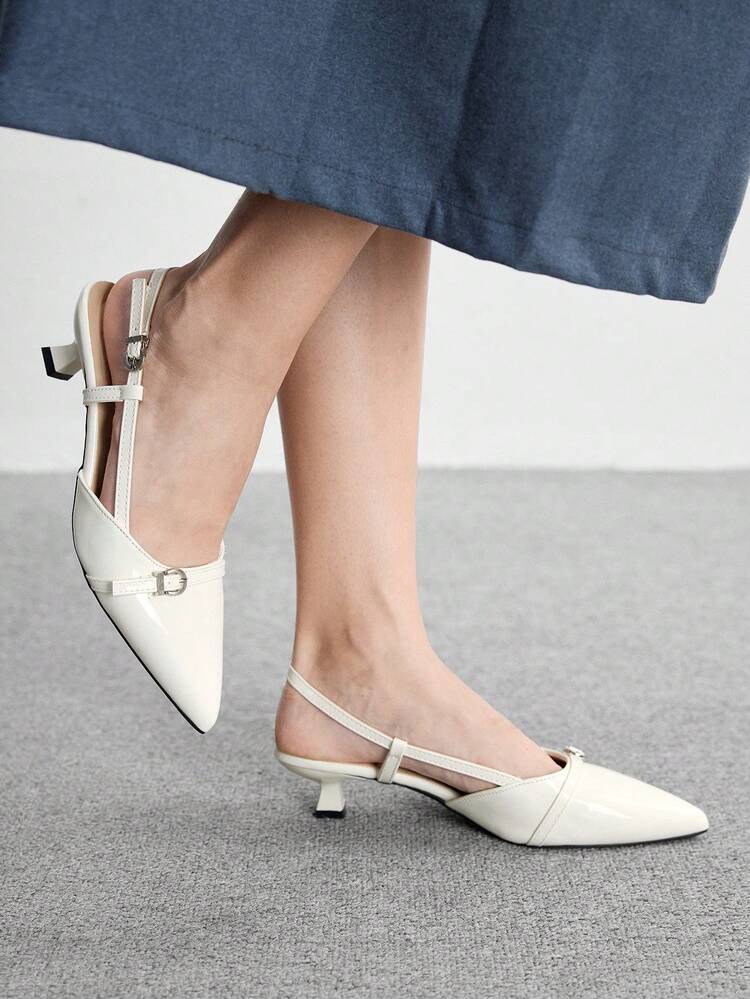 CUCCOO BIZCHIC Women's Pointed Toe Low Heel Mule Pumps, White Patent Leather Casual Commuting Dress Shoes For Christmas Spring Shoes