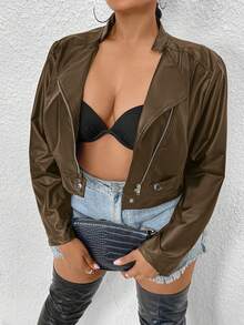 SHEIN ICON Áo khoác biker dáng ngắn bằng da PU thời trang thường ngày dành cho nữ cỡ lớn, mùa thu - xanh quân đội - Xem 4