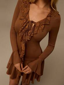 Glamine Women's Brown Fashion Front Tie Deep V-Neck Ruffle Patchwork Long Flare Sleeve Fitted Low Waist Ruffle Hem Short Dress, Suitable For Autumn Wear Alone Or Layered With Jacket In Winter, Ideal For Daily Commute And Thanksgiving Outfit - Brown - View 4