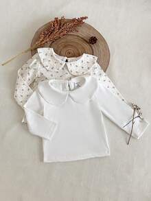 Vintaside Kids 3 件套女婴娃娃领花格子纯色长袖上衣，韩版休闲时尚可爱森系长袖 T 恤，适合春秋冬日常穿搭