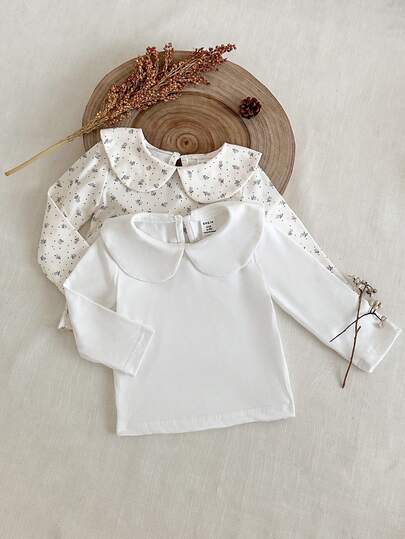 Vintaside Kids 3 件套女婴娃娃领花格子纯色长袖上衣，韩版休闲时尚可爱森系长袖 T 恤，适合春秋冬日常穿搭