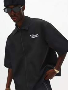 SUMWON Short Sleeve Button Up Work Shirt With Embroidered Logo Front Zip, Black Shirt With Short Sleeve Small Zipper In Front , Man, Oversized Shirt, Black - Black - View 3