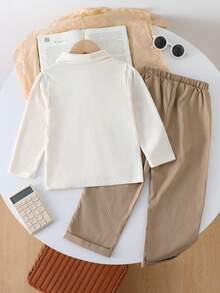SHEIN Vintaside Kids 2pcs/Set Tween Boys' Spring/Autumn Ribbed Knit Collared Long Sleeve Shirt And Straight LegRibbedd Pants Set