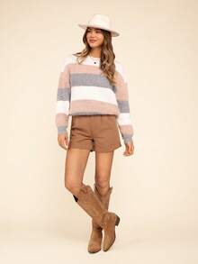 Coeurva Runder Drop Shoulder Drop Shoulder Pullover mit Farbblock Patches - Altrosa - Übersicht 2