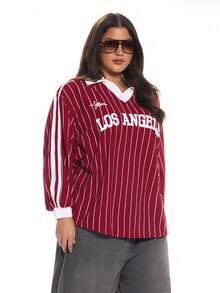 Solavibe Áo thun họa tiết cỡ lớn cho nữ, Áo thun Jersey, Áo dễ thương, Áo đi chơi, Áo phông cỡ lớn, Áo phông dài tay in chữ họa tiết sọc dọc màu tương phản dáng rộng thoải mái cho phụ nữ cỡ lớn - Đỏ và trắng - Xem 6